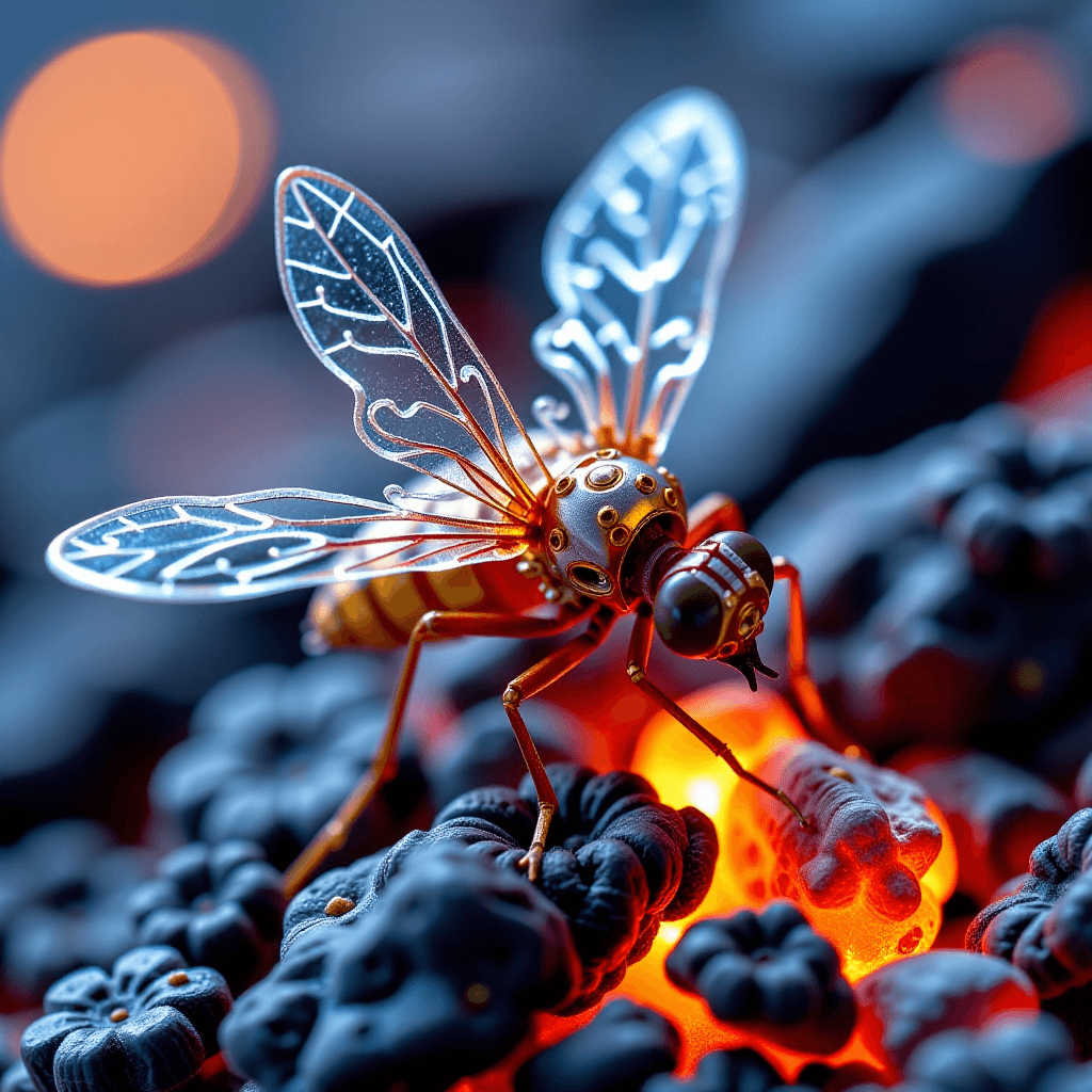 AI generated: Macro photograph of a [mechanical firefly with filigree ice wings] resting on a [glowing ember], [ex...