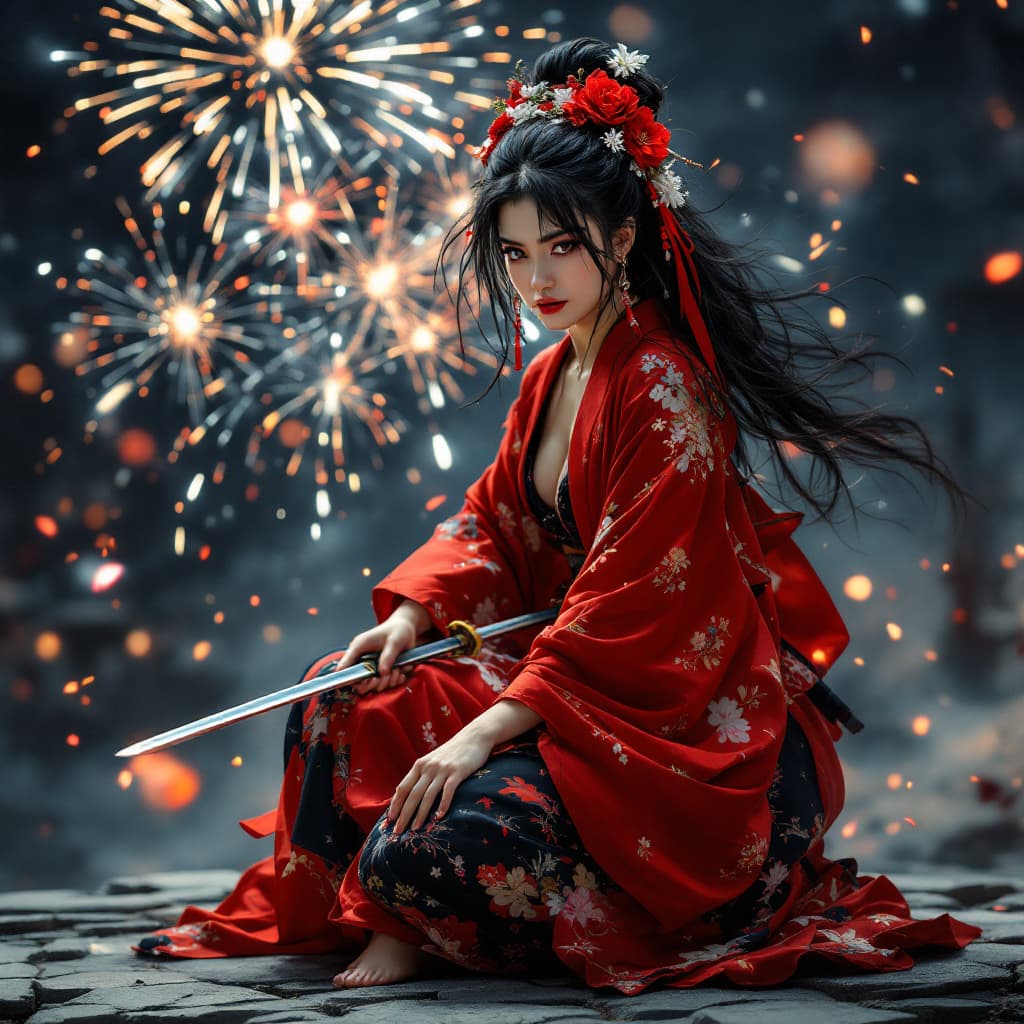 AI generated: (((Full body view))) of a fierce samurai woman of Japanese descent in a flowing red and black kimono...