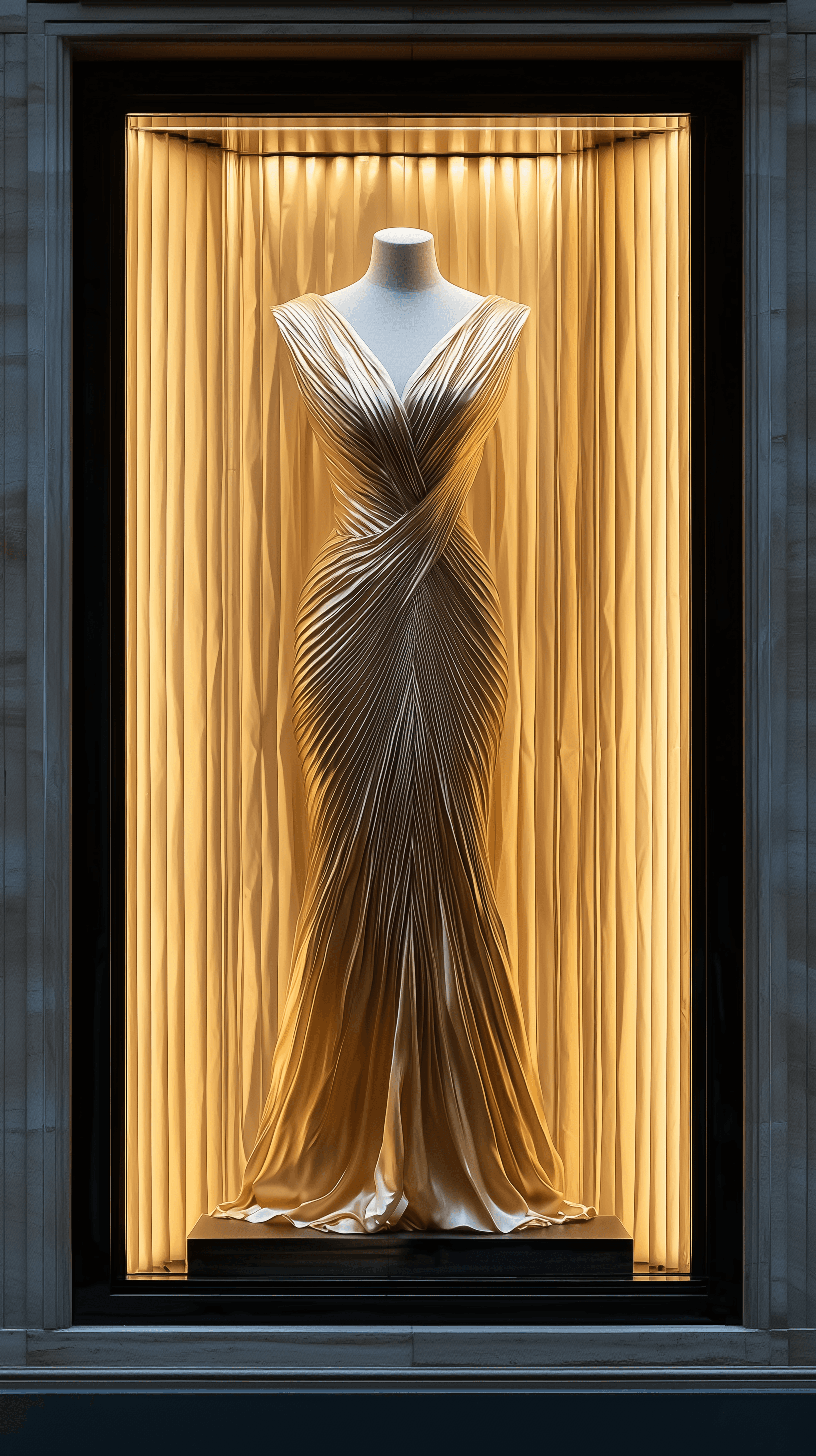 AI generated: photography, front view, facade show window with bold black frame, glass behind haute couture dress ...