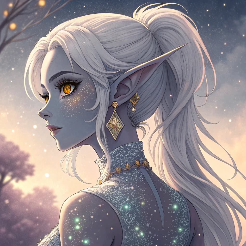 AI generated:  ((greyish skin:1.3)), slender alien female elf with long pointy ears,  (large anime yellow eyes and...