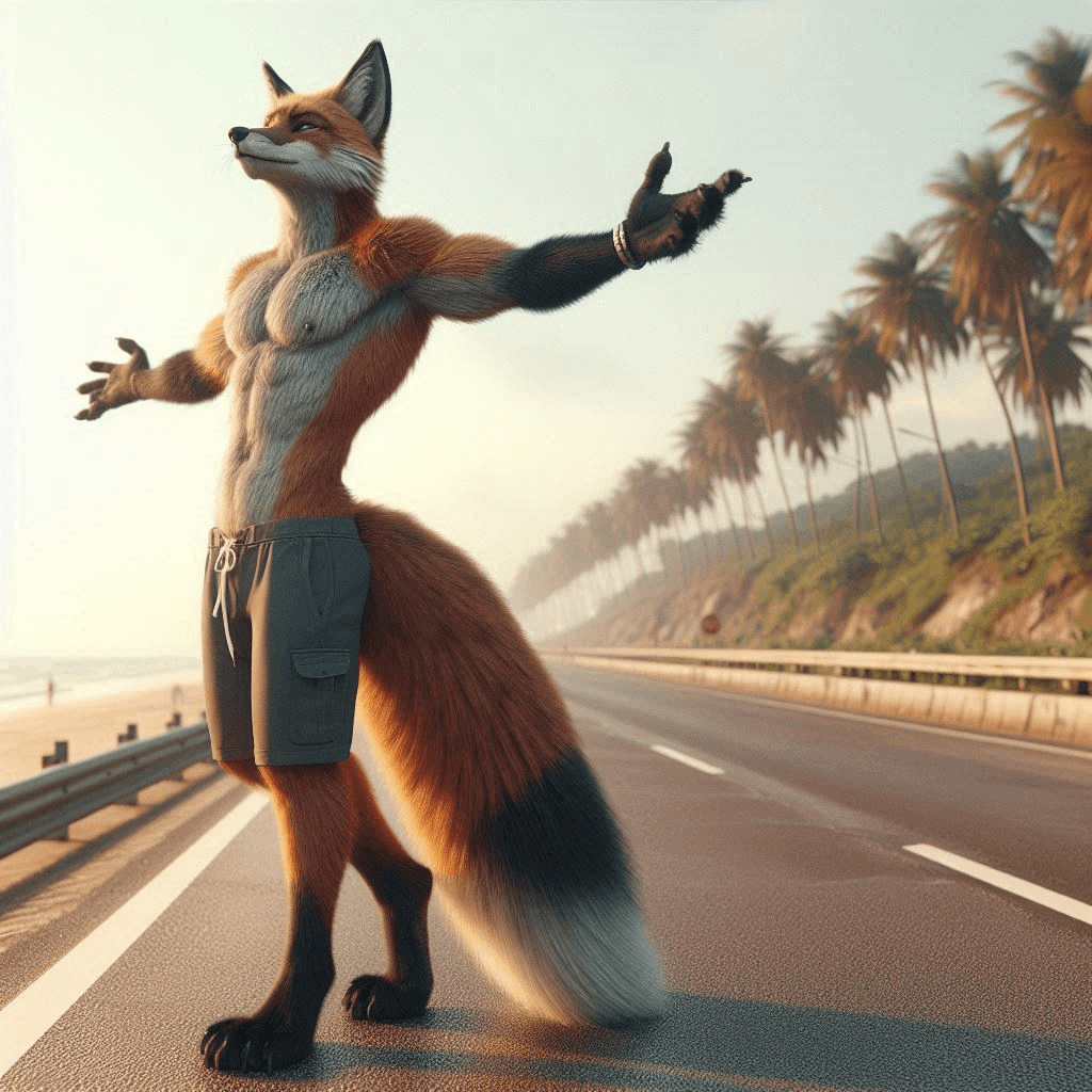 AI generated: A standing long-furred fox man in a swimsuit raising his arms on the shoulder of a road on a beach w...