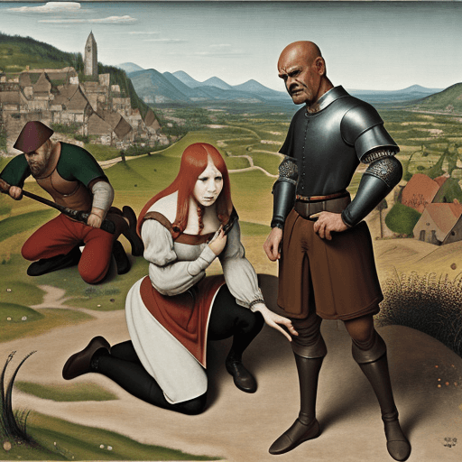 AI generated: angry man, afraid woman, kneeling woman, Pieter Bruegel, Jerome Bosch style, medieval  summer landsc...