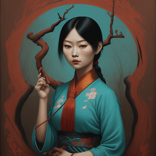 AI generated: A painting of an Asian woman tied on a tree, in the style of precisionist art, meticulous design, hi...