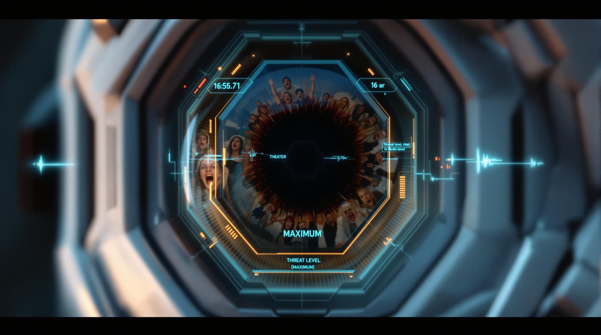 AI generated: Robotic eye with hexagonal iris, reflection of screaming humans in the pupil, HUD overlay showing 'T...