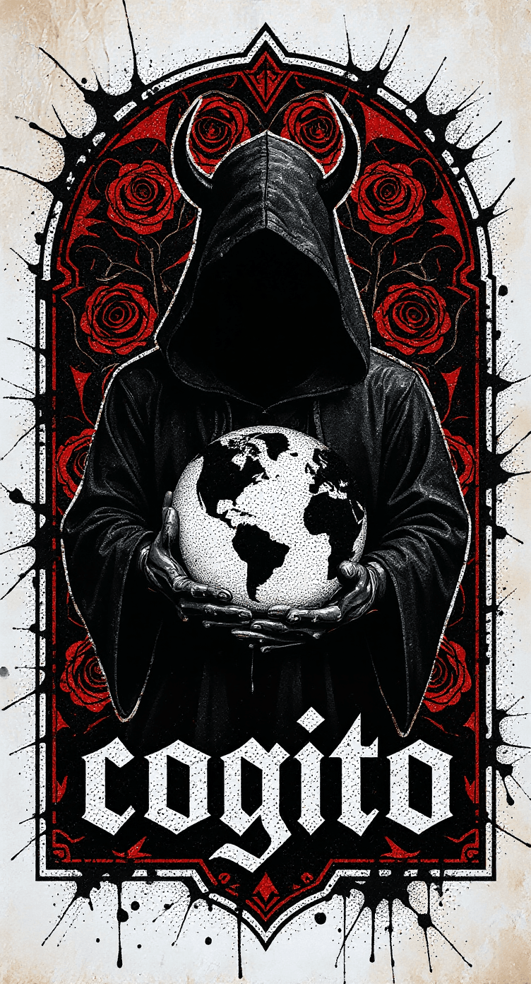 AI generated: Gothic rose arch inkblot style, mysterious hooded figure holding a world silhouette with devil horns...