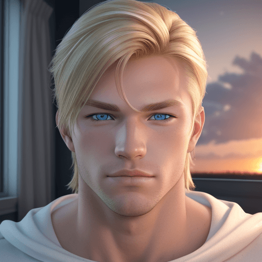 AI generated: A selfie portrait of a muscular blond man, dark blonde hair. frowned face, chapped lips, sunset ligh...