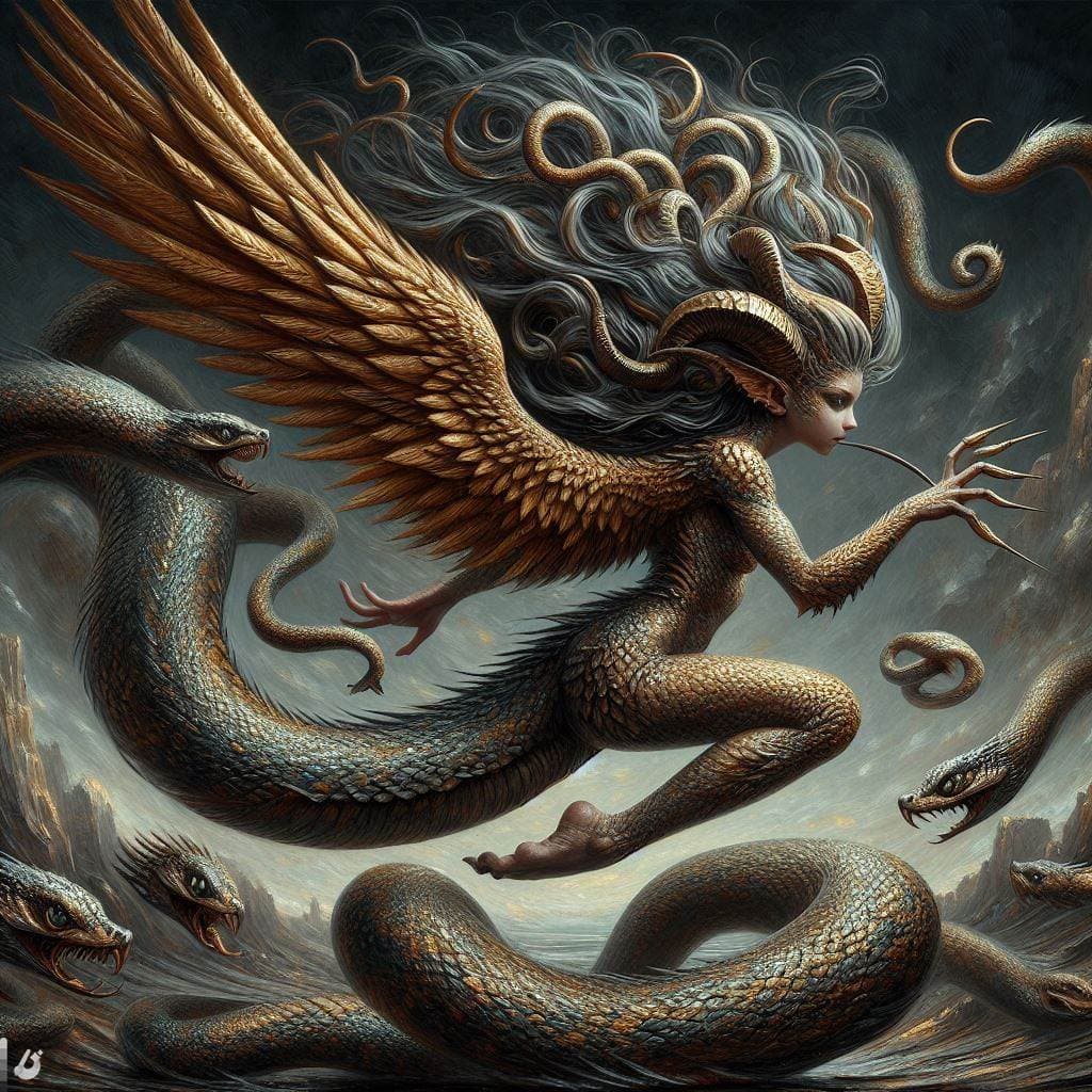 AI generated: Adorable stunning Gorgon, walk on snake tail, hair is moving snakes, body is covered with shiny scal...