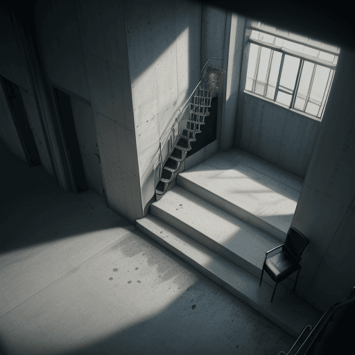 AI generated: social area inside a building with a concrete wall and close to a staircase and even a cinematic ele...