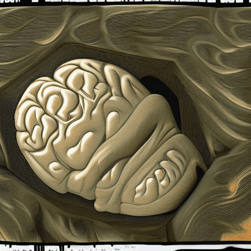 AI generated: He creates a portrait of a huge, grotesque brain emerging from a wall inside a cave. He has some cra...