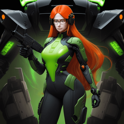 AI generated: Orange long hair, black and green jumpsuit, woman, futuristic tech, glasses, helmet, smug, hypnotic,...