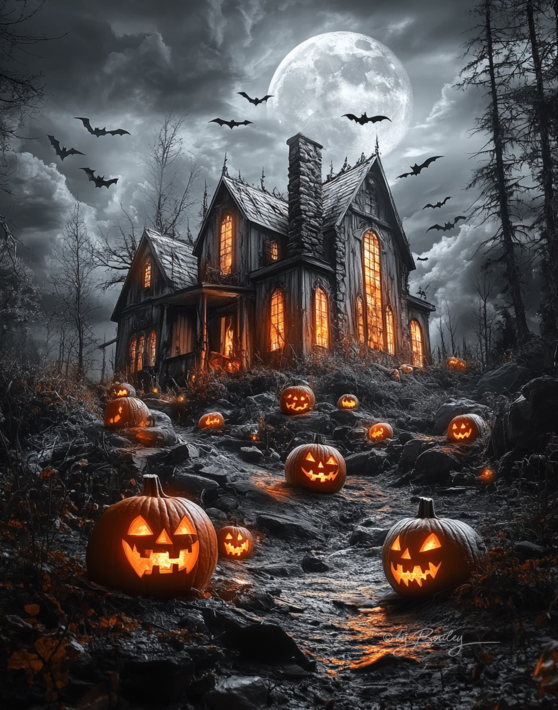 AI generated: black and white spooky haunted house image, with color glowing jack-o-lanterns, and bats and moon in...