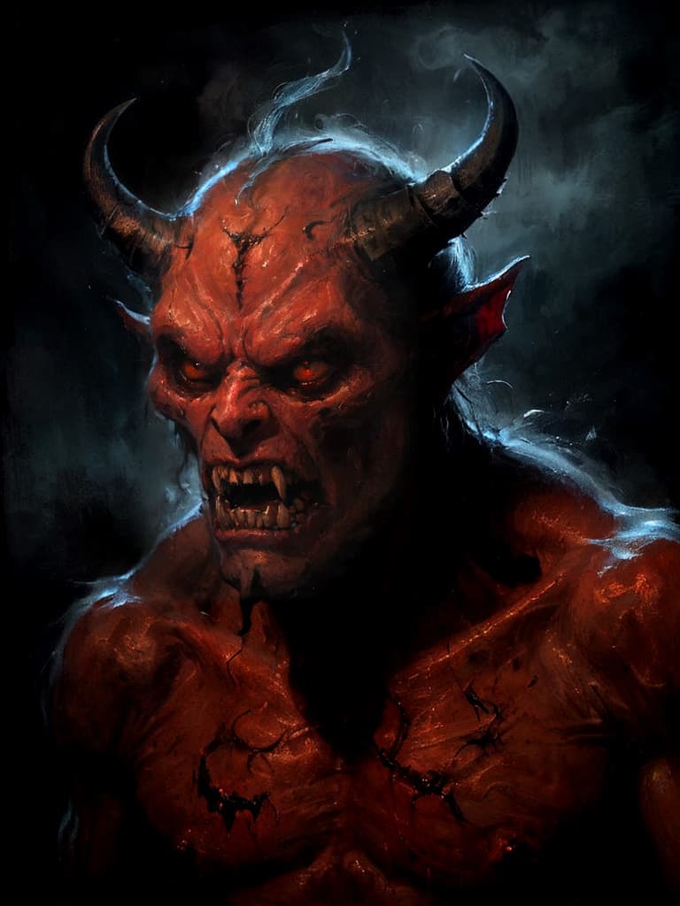 AI generated: A photo of a very scary and terrifying hellish demon, reddish tint, cinematic, backlight, smoke effe...