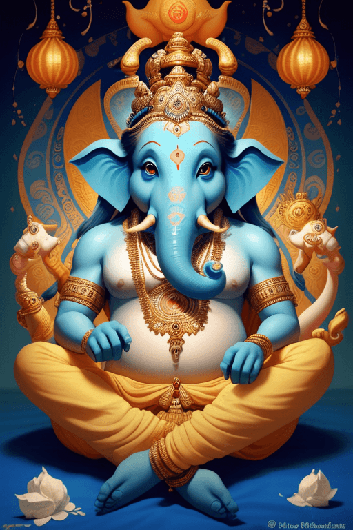 AI generated: Painted portrait of Ganesh In a beautiful and bright palace , who has a right tusk and does not have...