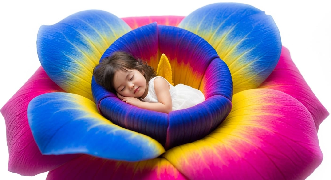 AI generated: In the calyx of an exotic flower, an adorable Asian girl lies down and sleeps, white background.