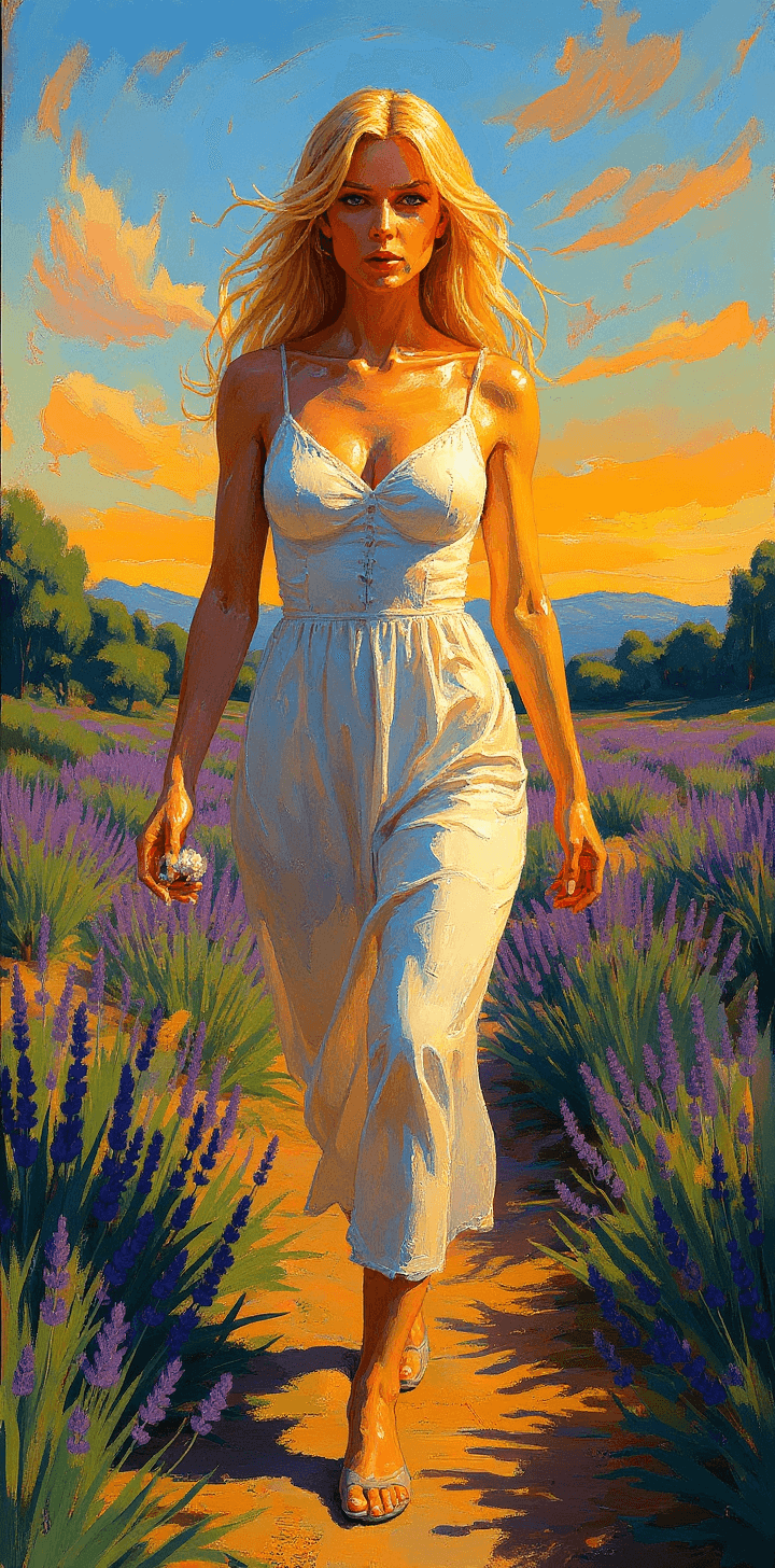 AI generated: portrait of a long blonde hair woman, in the style of Greg Hildebrandt, provance landscapes, a woman...