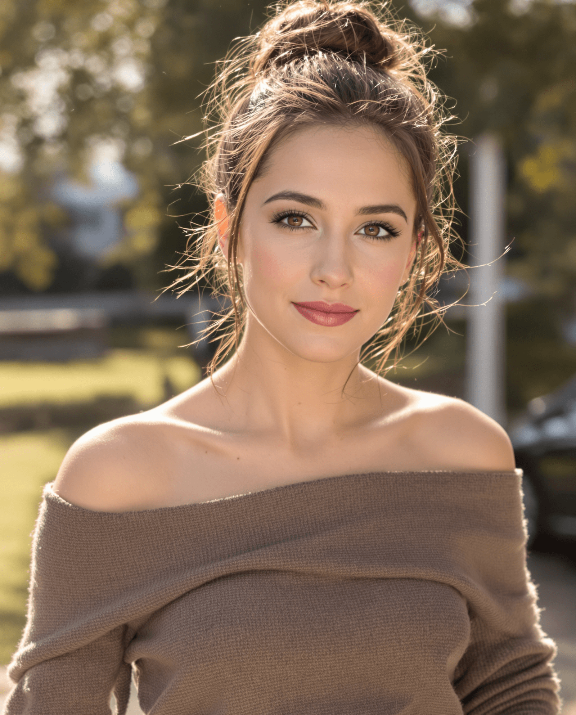 AI generated: Keeley hazell with an oval face, high cheekbones, a softly defined jawline, and a gentle closed-lip ...