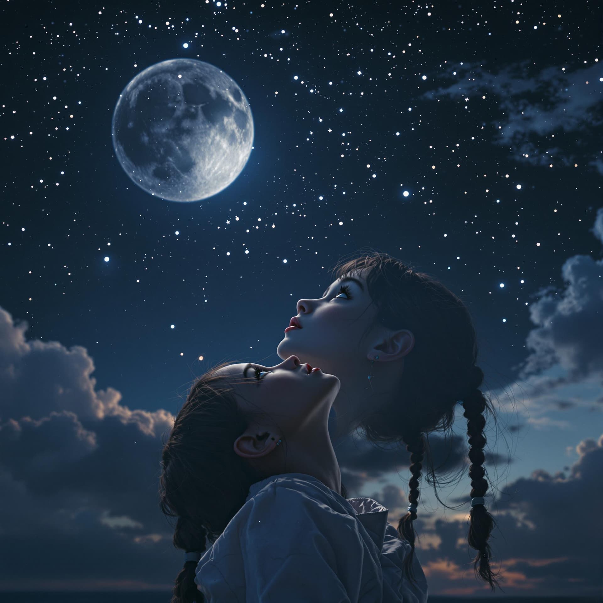 AI generated: High-resolution photography of a young girl staring up at the moon; 8k, intricate detail, photoreali...