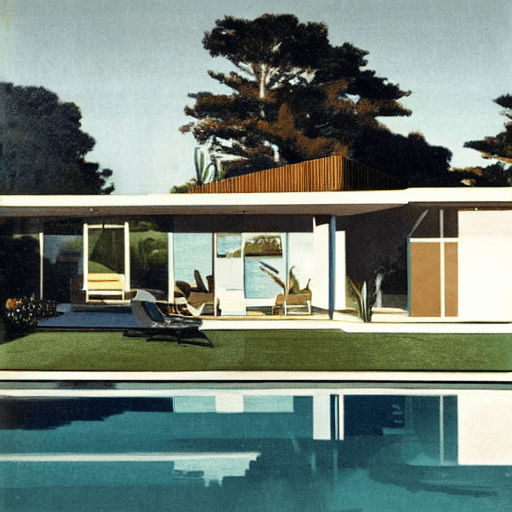 AI generated: hyper realistic eye level exterior photo of a mid century modern style house overlooking the ocean, ...