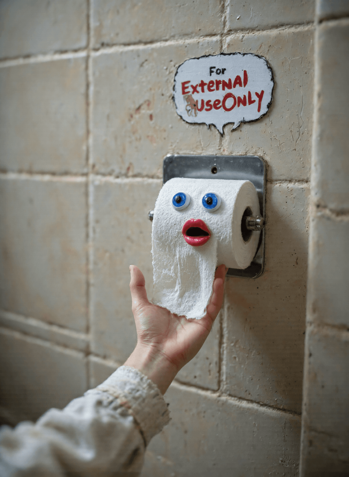 AI generated: The image depicts an anthropomorphic roll of toilet paper with large blue eyes and red lips, giving ...