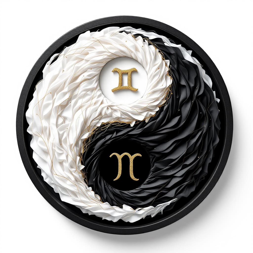 AI generated: A round framed hybrid painting of a 3D image of a white Yin and a black Yang. The Yin, crafted from ...