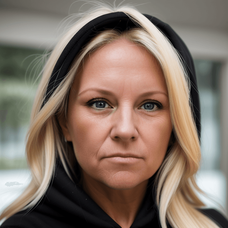 AI generated: hyper realistic headshot photo of a 45 year old woman, wearing a black hoodie, blonde long hair,  lo...
