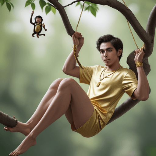 AI generated: monkey hanging on a tree branch wearing a gold shirt and necklace