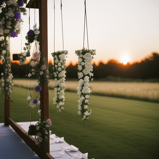AI generated: Hanging flowers at an outdoor wedding at sunset, film grain, high quality, studio shoot, Nikon D850