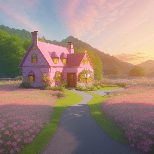 AI generated: Whimsical landscape illustration, sweet peach, inspired by Newton-Fractal, orange, pink, yellow, ele...