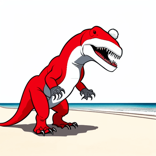 AI generated: t-rex wearing a santa hat on the beach. outline drawing only. no color. so it can be a coloring page...