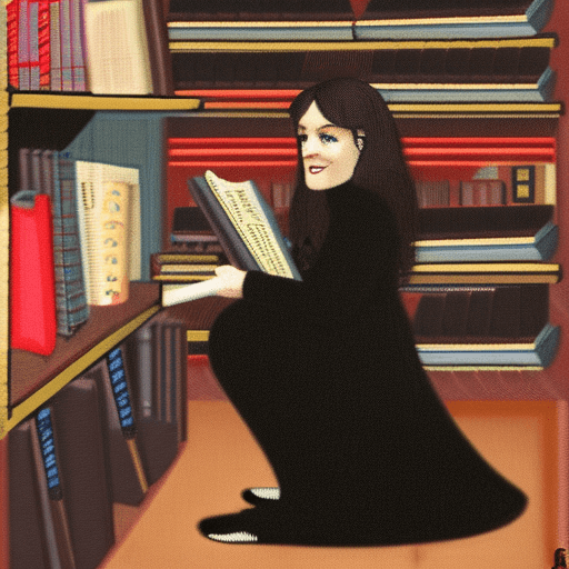 AI generated: a thirty-year-old brown-haired woman with chest-length hair sitting in an old library reading a book...
