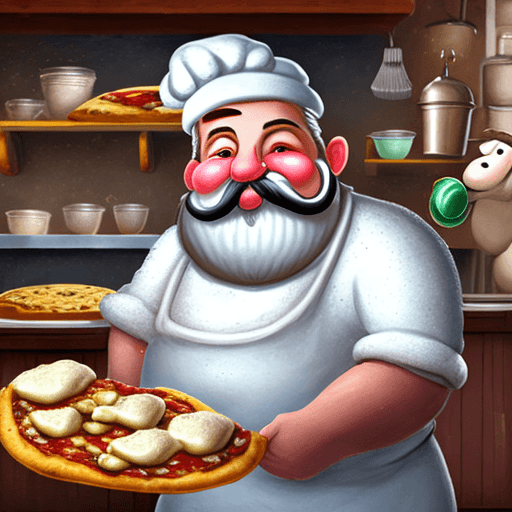 AI generated: a chubby baker, white mustache, white beard, wide smile, wearing a bakers hat, wearing an apron, gre...