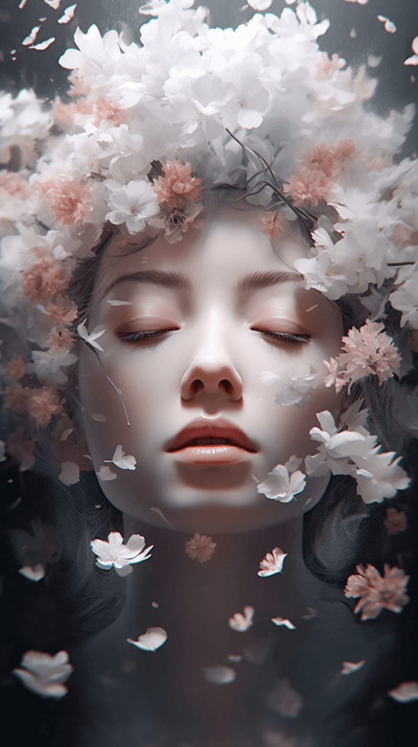 AI generated: A dreamy, serene anime face surrounded by delicate flowers and soft petals, Raphaelitegraphic, early...