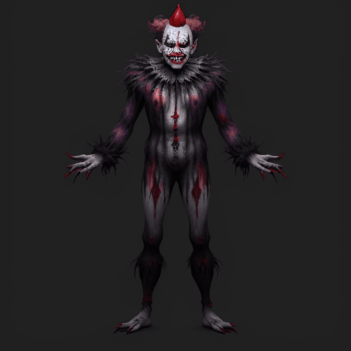 AI generated: a nightmarish appearance of the evil demonic clown, his makeup smeared with fresh paint, full body v...
