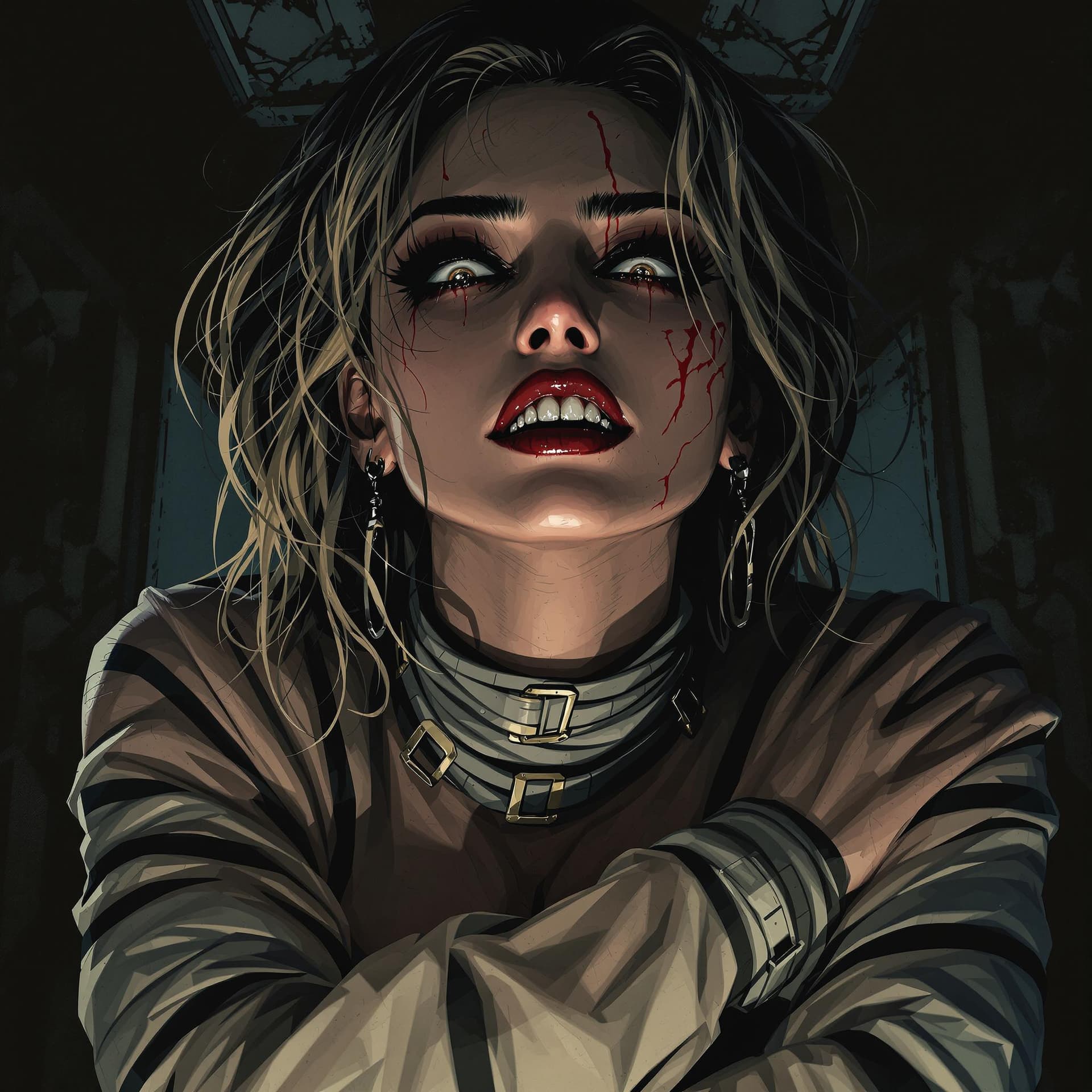 AI generated: anime horror tight medium portrait of a woman inspired by Madonna, styled like a character from Smil...