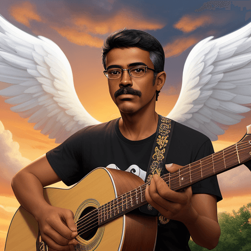 AI generated: Draw a man, with an acoustic guitar, with dark brown skin, latino look, tall, with small mustache, n...