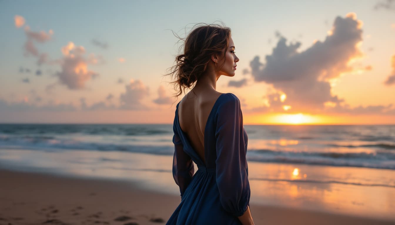 AI generated: Estilo tipo inspirador. Paisaje: playa al atardecer. Una mujer con un vestido largo y elegante, con ...