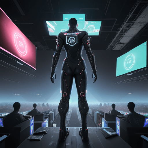 AI generated: A gigantic futurist army with thousands engineers mens branding their laptops in the air, taken from...