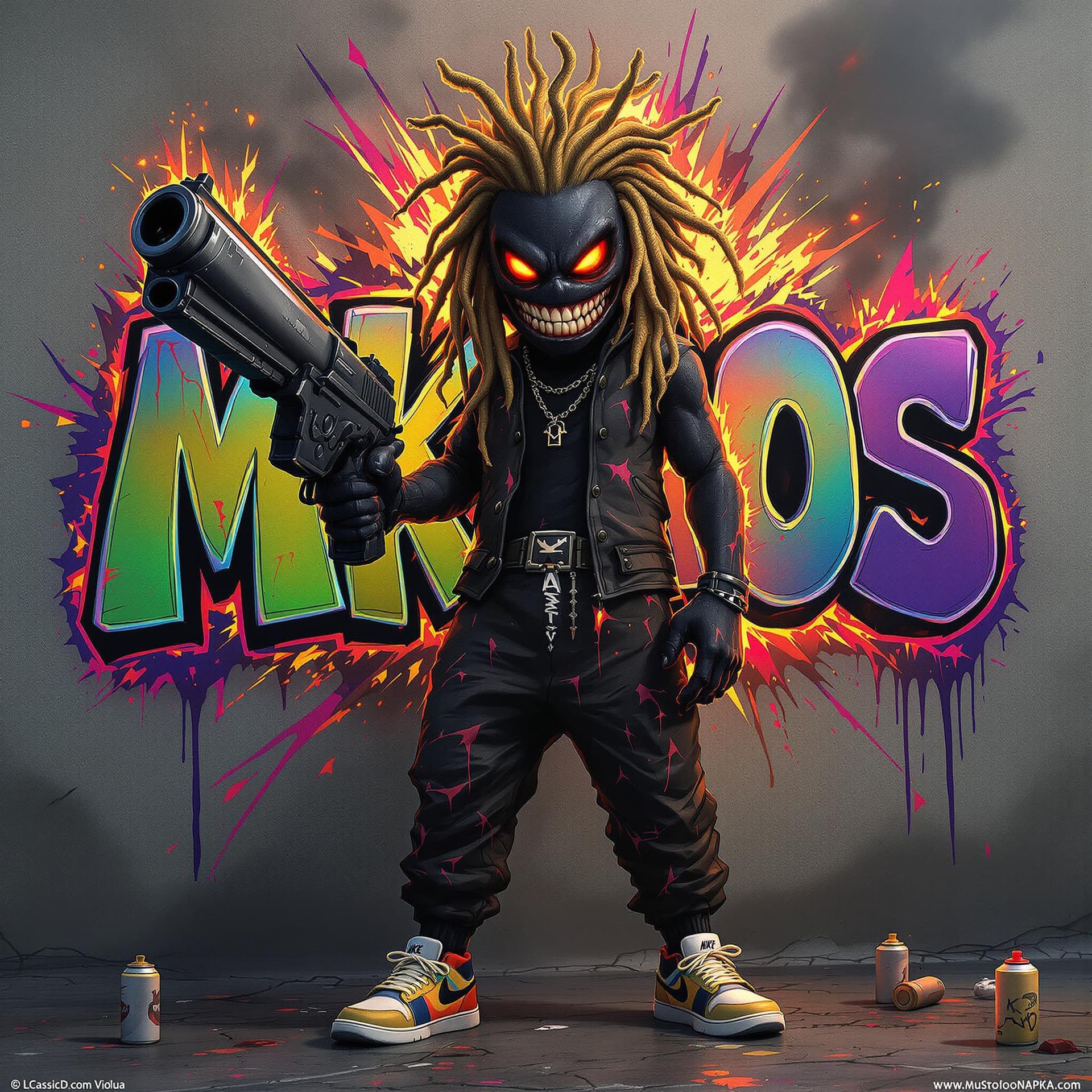 AI generated: a evil graffiti anime style character with really dark coal black skin and glowing eyes, there shoul...