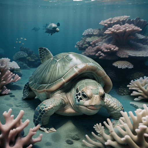 AI generated: Dreamy photo of a ultra realistic, small green baby dreamy turtle looking at us, a deeper dreamy boa...