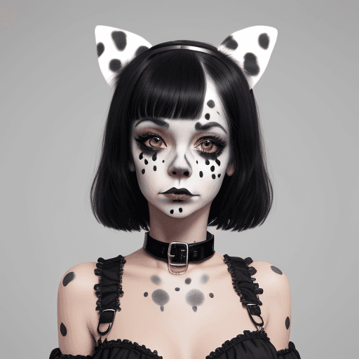 AI generated: Gothic girl dressed as with dalmatian face paint, ears and a dog collar but no other clothes