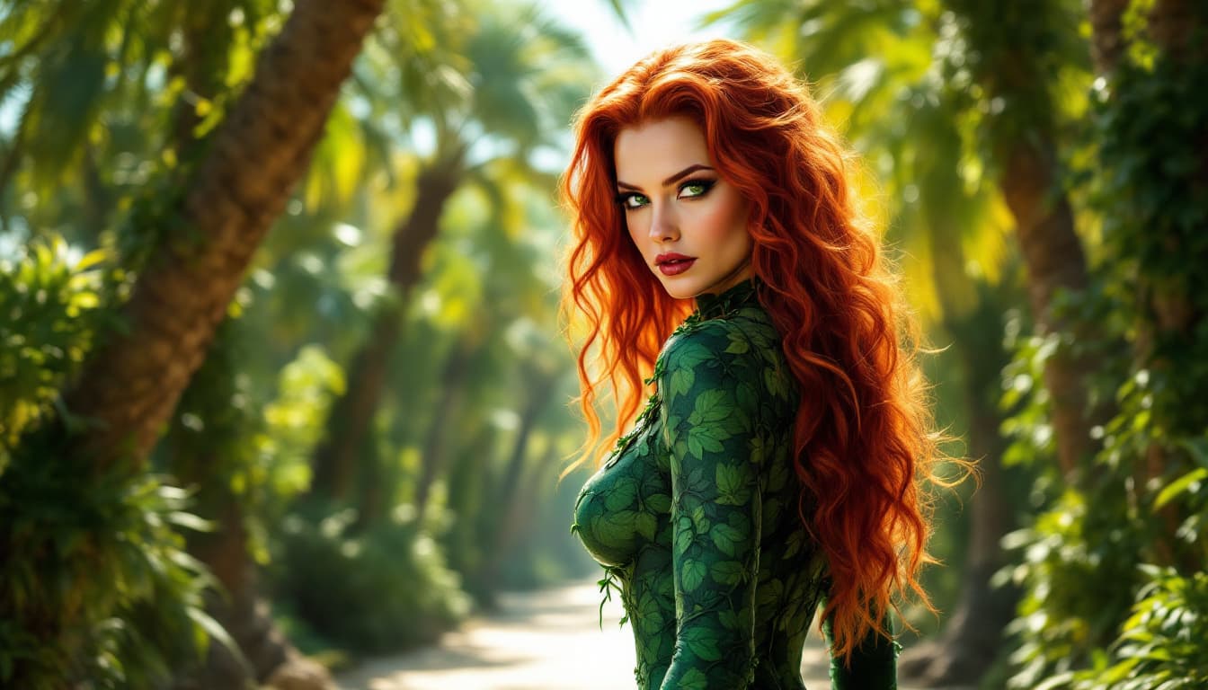 AI generated: a digital illustration of a woman dressed as the DC Comics character Poison Ivy. The woman has long,...