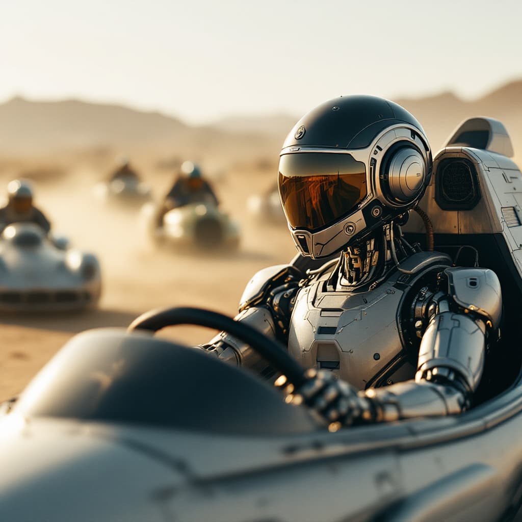 AI generated: film photography of a robot driving a spaceship 
win the race against ancient cars,medium shot , in ...