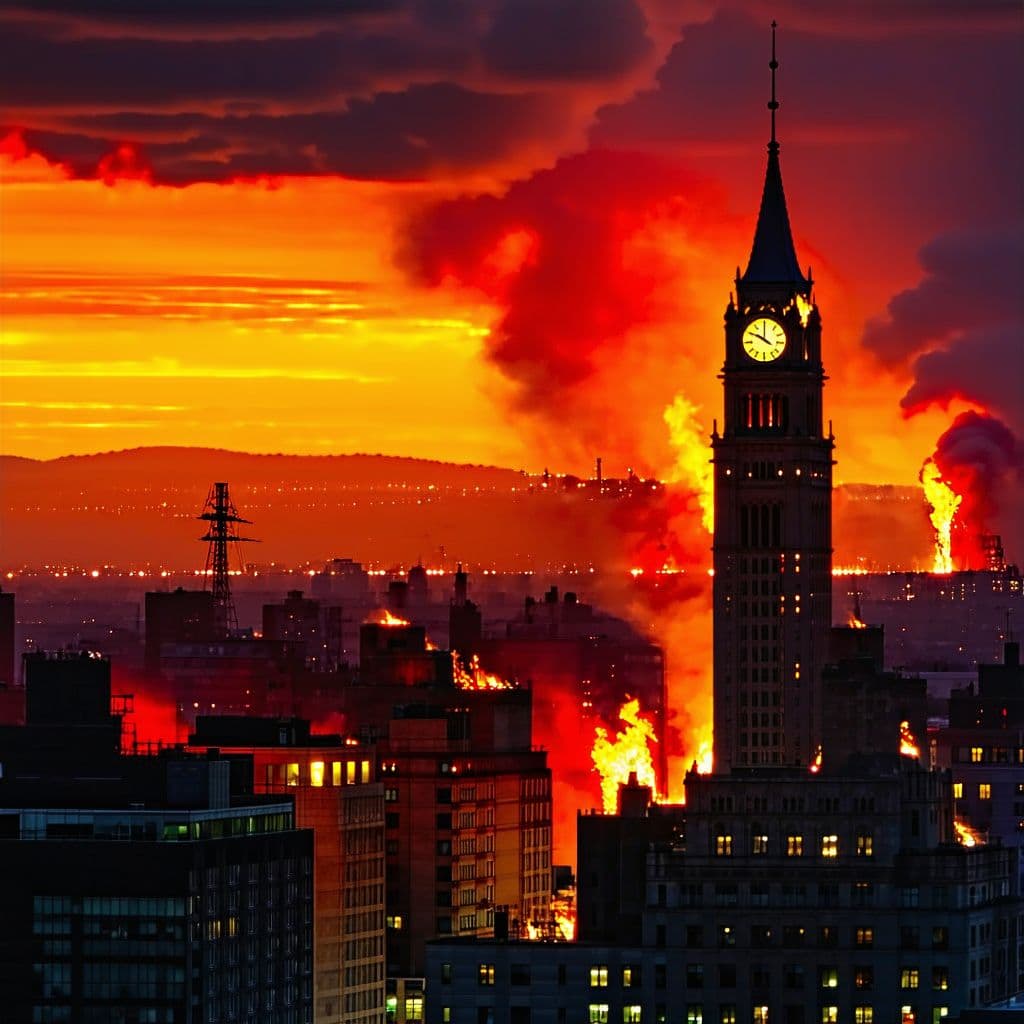 AI generated: sunset in the city with a building and a clock tower, dramatic sunset, sky on fire, dramatic sunset ...