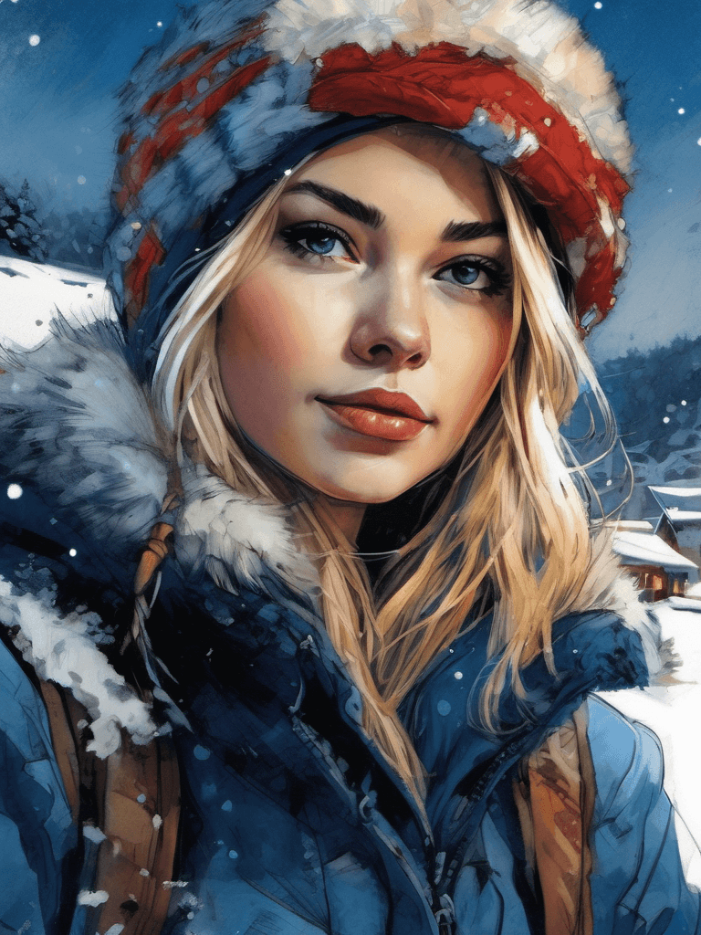 AI generated: a pretty young norway girl, snow, blue hour, cinematic, photorealistic, by Milo Manara and Russ Mill...