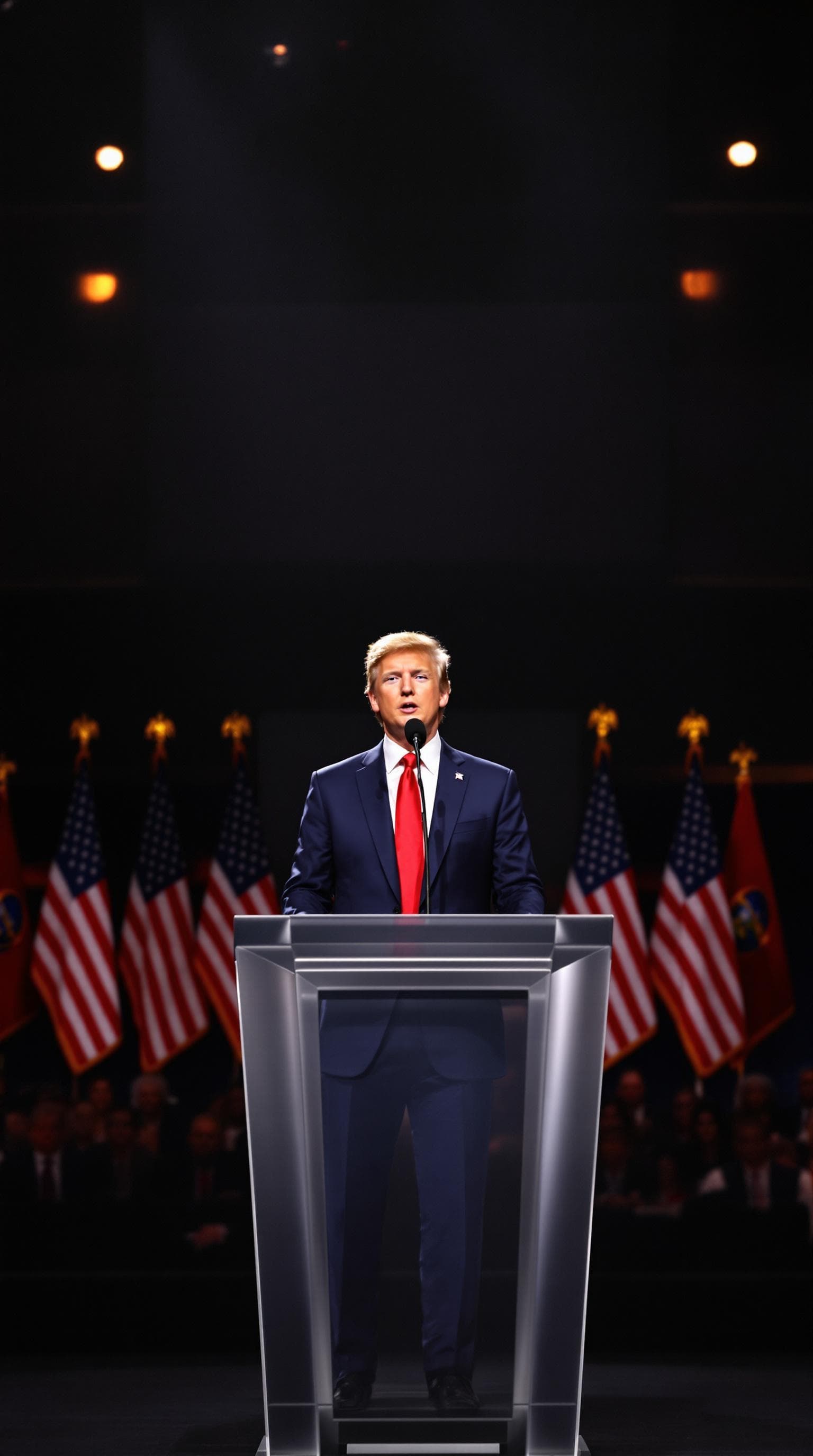 AI generated:  A photo of Barron Trump delivering a powerful speech on a grand stage. He is a tall young man with ...