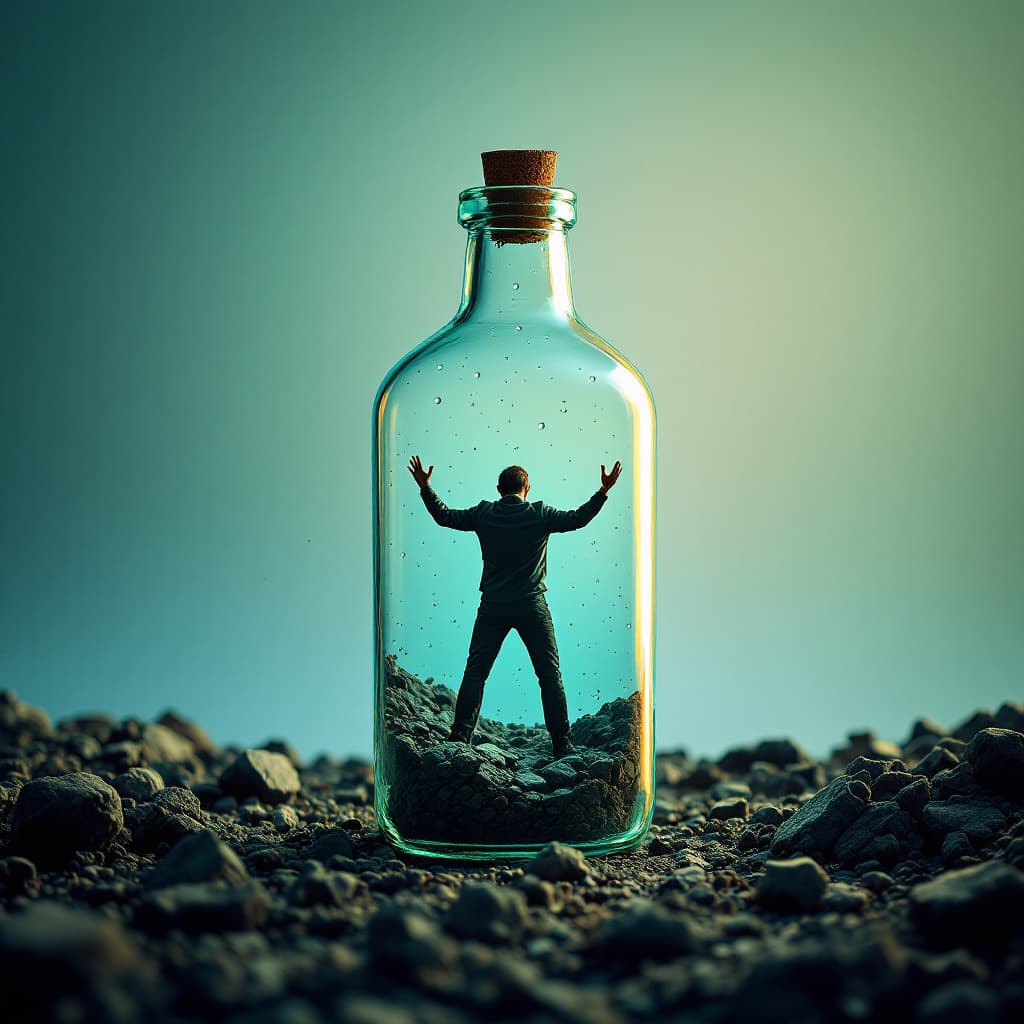 AI generated: man trapped in a glass bottle