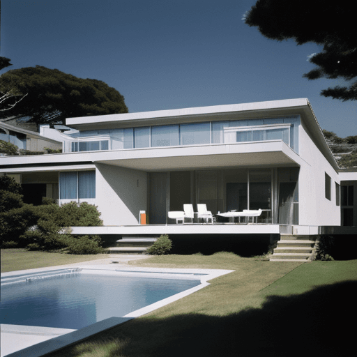 AI generated: Hyper realistic eye level exterior photo of a mid century modern style house overlooking the ocean, ...