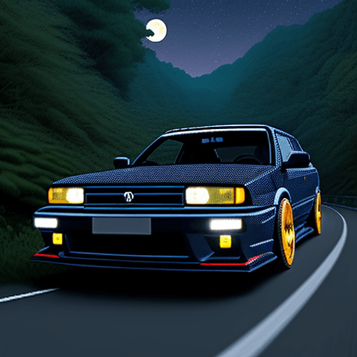 AI generated: pixel art concept of a modified Japanese car drifting downhill through forested mountains at night. ...