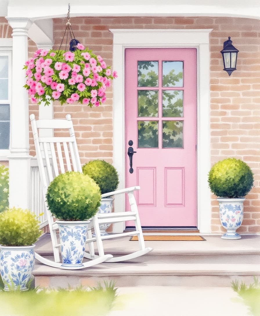 AI generated: Create a watercolor painting using pastel colors of a front porch of a house. The door is pink with ...