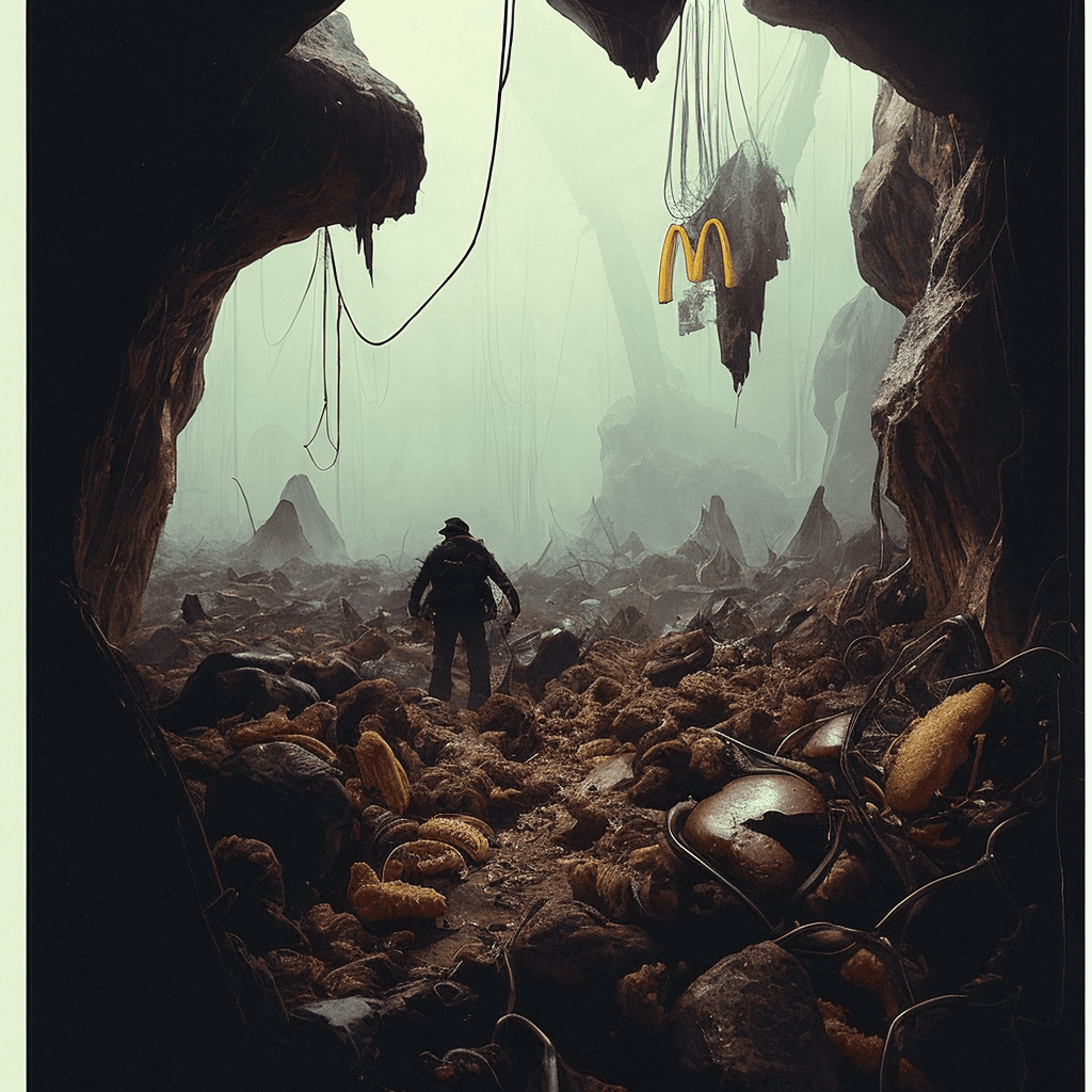 AI generated: ((mcdonalds restaurant:1.5),a photo of exiting from the crystalized cave stunning view, wide angle s...